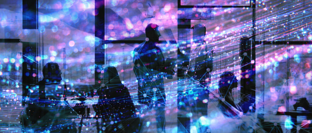 Abstract Background with Glowing Particles with people in front of windows