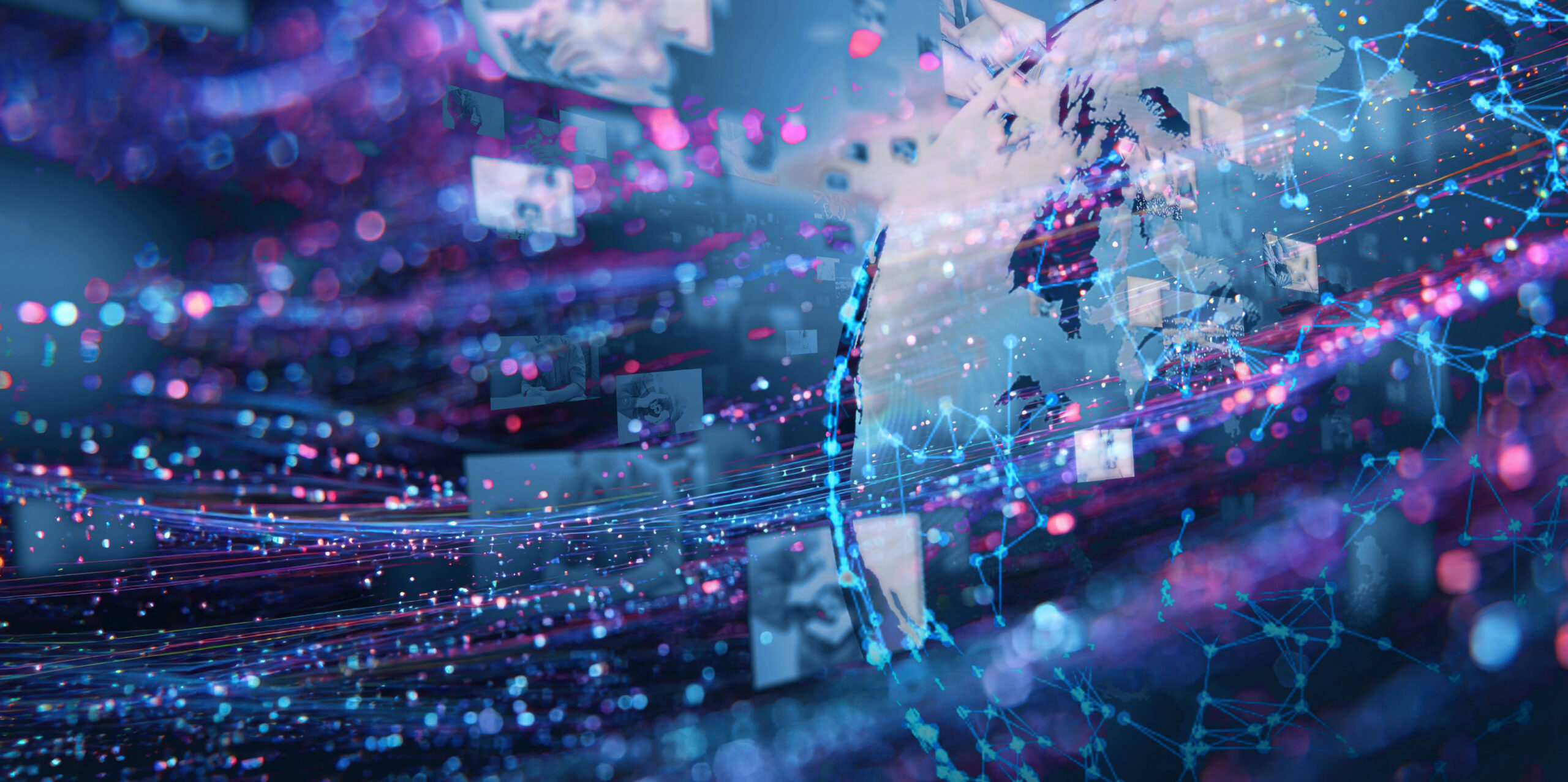 Multimedia digital content entertainment streaming communication social networking connectivity technology concept, world wide web hologram simulation global environment, banner blue background